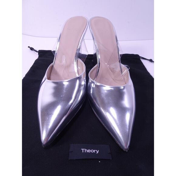 Theory Women's Pointy Wedge Metallic Leather Sandals 40 NIB 498 Silver - Picture 3 of 7